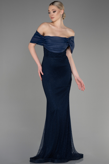 Long Navy Blue File Mermaid Prom Dress ABU3769