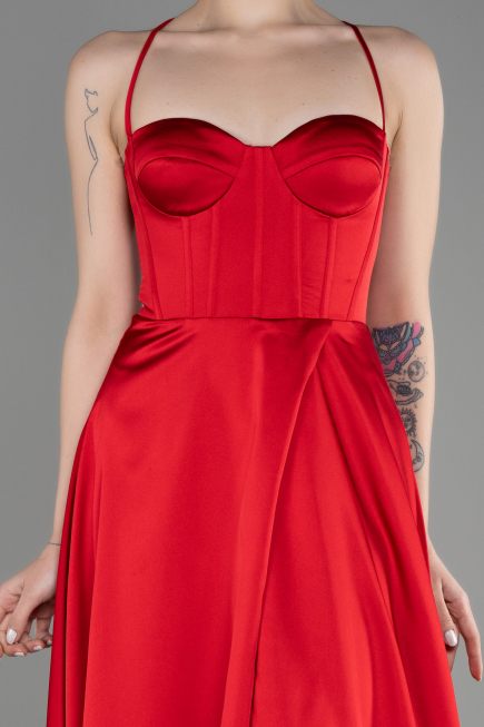 Long Red Satin Prom Gown ABU3809