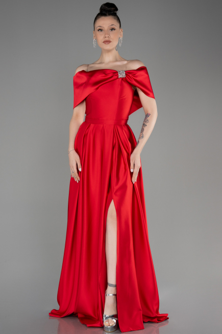 Long Red Satin Prom Gown ABU3788