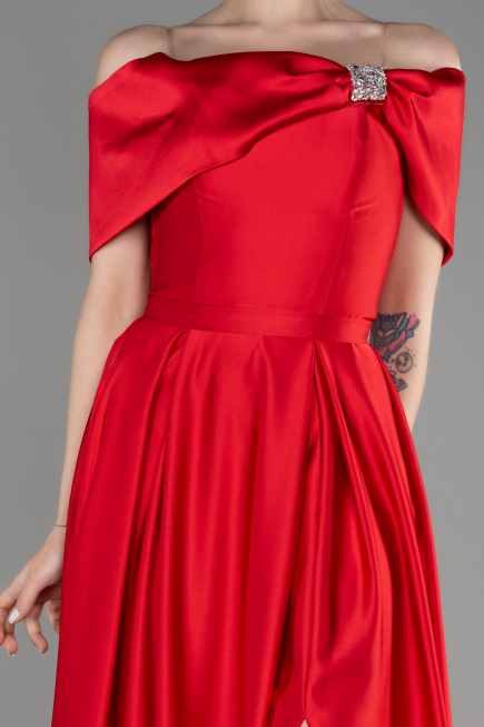 Long Red Satin Prom Gown ABU3788