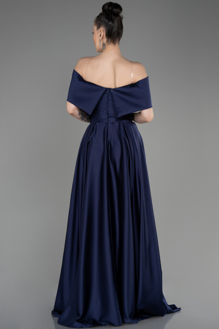 Long Navy Blue Satin Prom Gown ABU3788