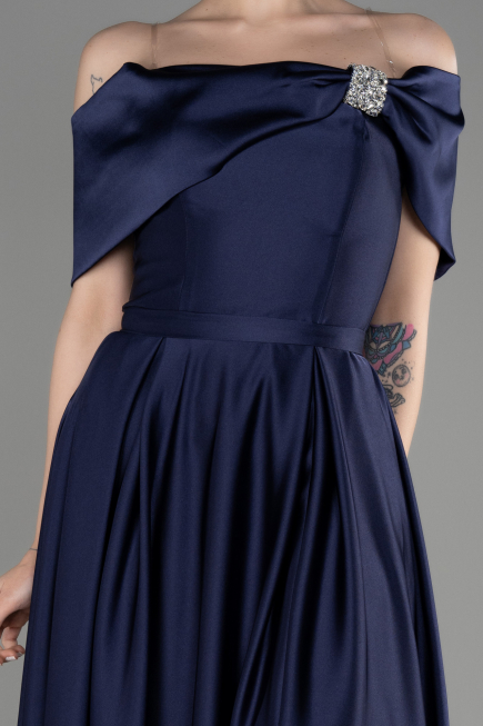 Long Navy Blue Satin Prom Gown ABU3788