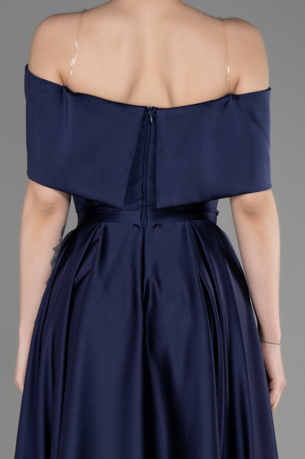 Long Navy Blue Satin Prom Gown ABU3788