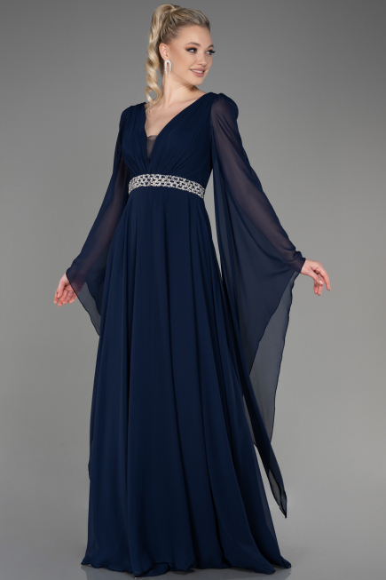 Long Navy Blue Chiffon Evening Dress ABU3541