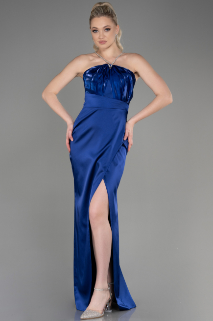 Long Navy Blue Satin Prom Gown ABU3525