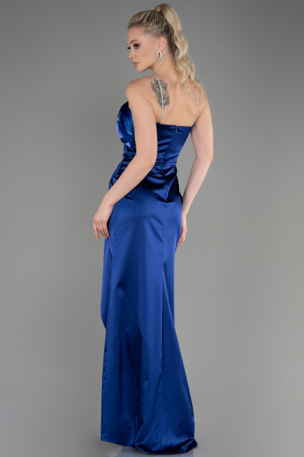 Long Navy Blue Satin Prom Gown ABU3525