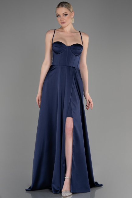 Long Navy Blue Satin Prom Gown ABU3809