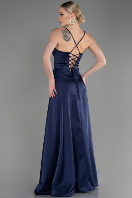 Long Navy Blue Satin Prom Gown ABU3809