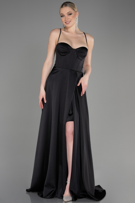 Long Black Satin Prom Gown ABU3809