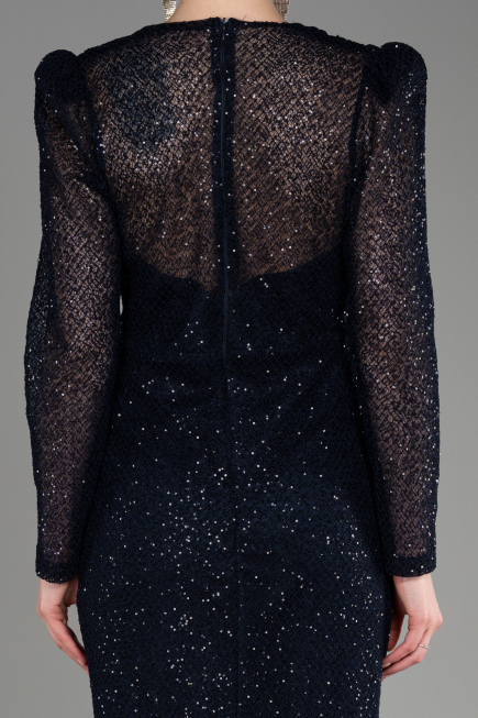 Navy Blue Long Sleeve Scaly Evening Dress ABU3831