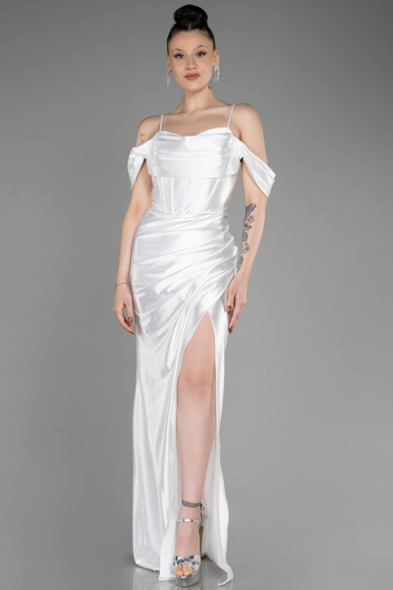 White Slit Long Satin Evening Dress ABU3840