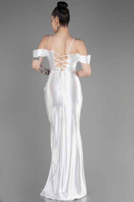 White Slit Long Satin Evening Dress ABU3840