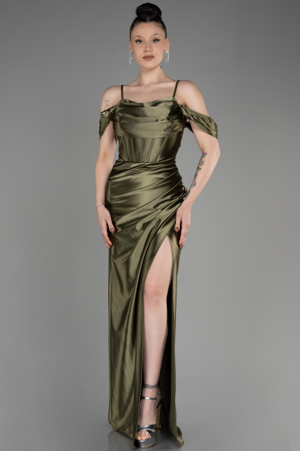 Olive Drab Slit Long Satin Evening Dress ABU3840