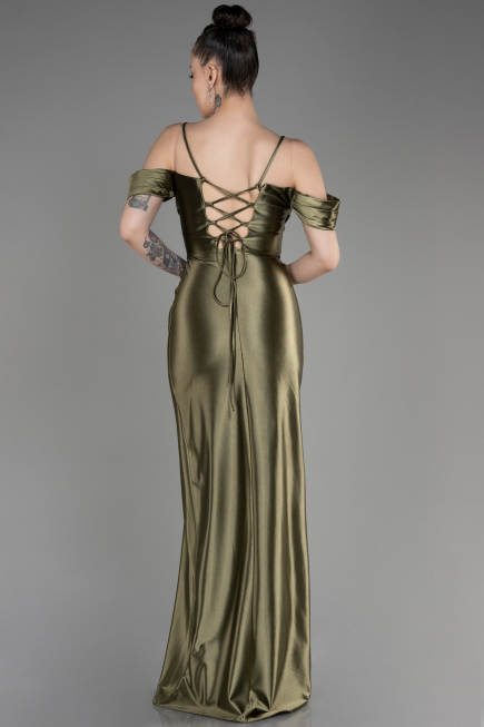 Olive Drab Slit Long Satin Evening Dress ABU3840