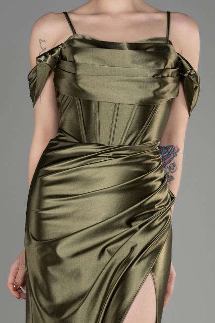 Olive Drab Slit Long Satin Evening Dress ABU3840