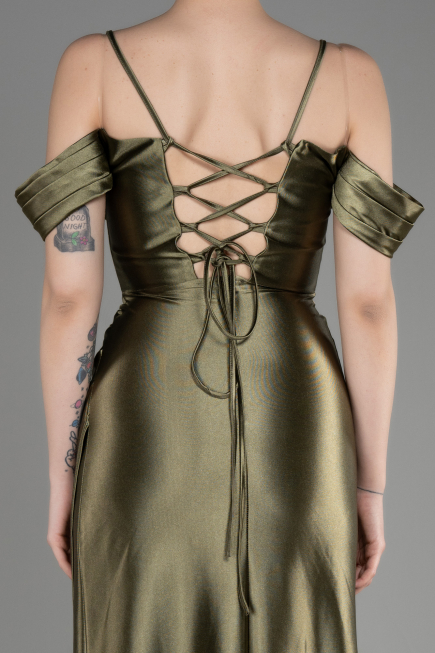Olive Drab Slit Long Satin Evening Dress ABU3840
