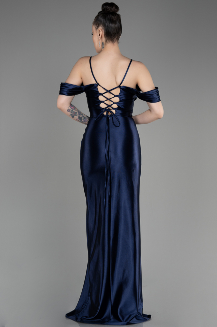 Navy Blue Slit Long Satin Evening Dress ABU3840