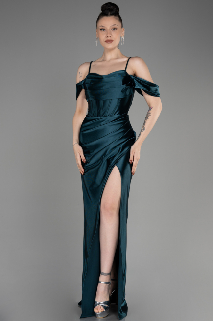 Emerald Green Slit Long Satin Evening Dress ABU3840