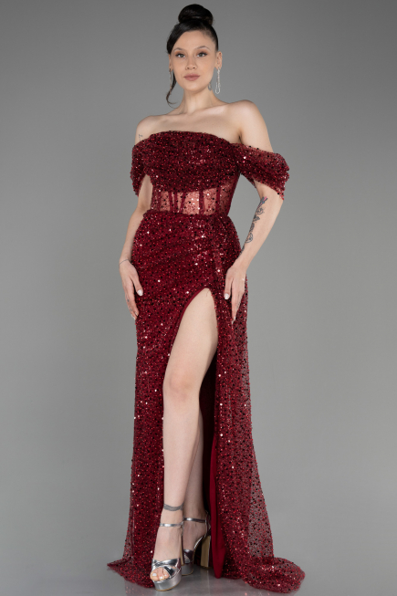 Burgundy Off-Shoulder Slit Long Scaly Evening Dress ABU3847