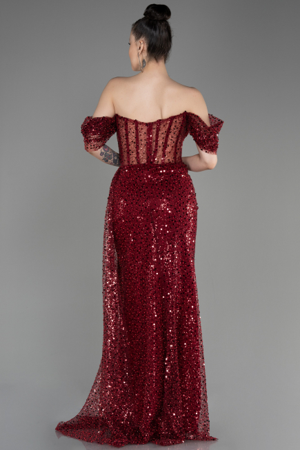 Burgundy Off-Shoulder Slit Long Scaly Evening Dress ABU3847