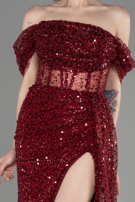 Burgundy Off-Shoulder Slit Long Scaly Evening Dress ABU3847