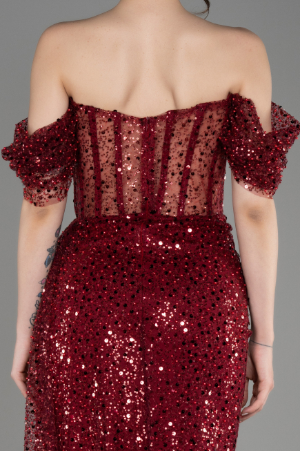 Burgundy Off-Shoulder Slit Long Scaly Evening Dress ABU3847