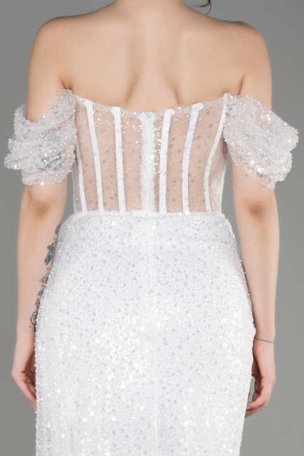 White Off-Shoulder Slit Long Scaly Evening Dress ABU3847