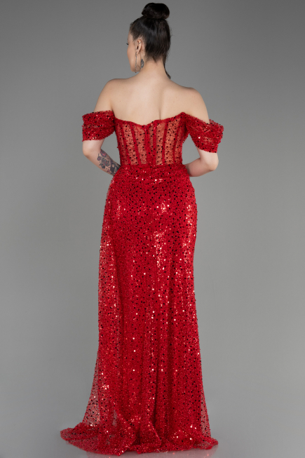 Red Off-Shoulder Slit Long Scaly Evening Dress ABU3847