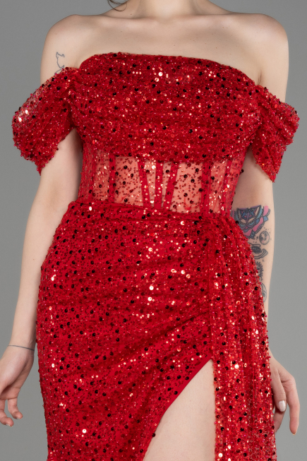 Red Off-Shoulder Slit Long Scaly Evening Dress ABU3847