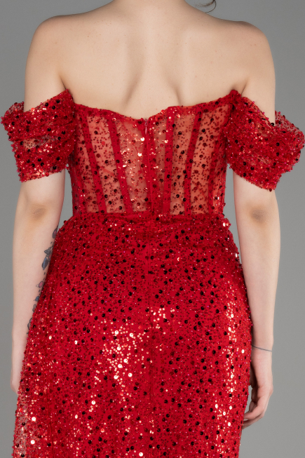 Red Off-Shoulder Slit Long Scaly Evening Dress ABU3847