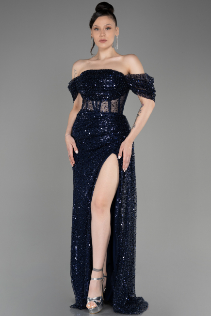 Navy Blue Off-Shoulder Slit Long Scaly Evening Dress ABU3847