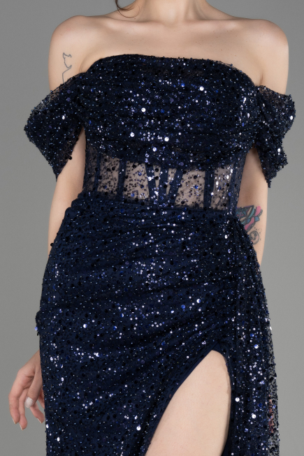 Navy Blue Off-Shoulder Slit Long Scaly Evening Dress ABU3847