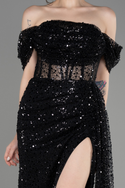 Black Off-Shoulder Slit Long Scaly Evening Dress ABU3847