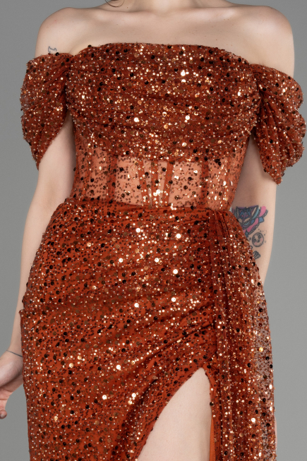 Light Brown Off-Shoulder Slit Long Scaly Evening Dress ABU3847