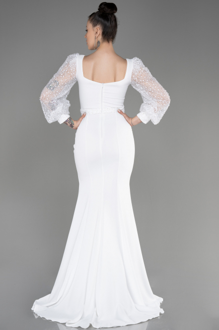 White Scaly Long Sleeve Slit Evening Dress ABU3852