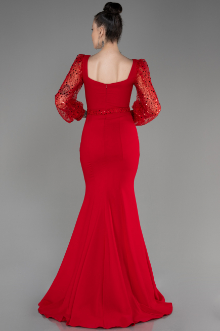 Red Scaly Long Sleeve Slit Evening Dress ABU3852