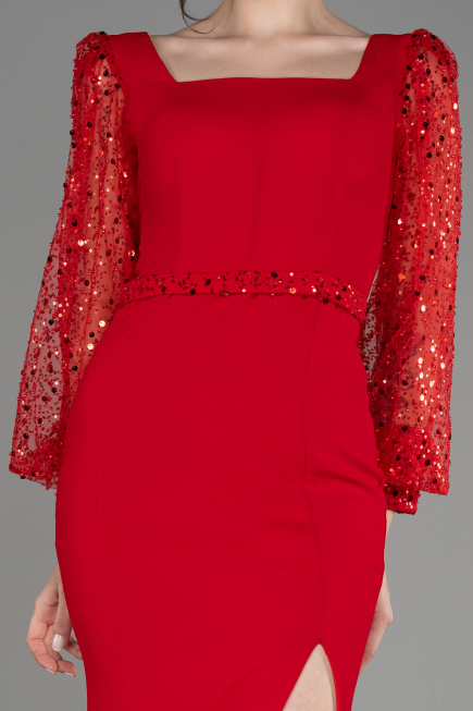 Red Scaly Long Sleeve Slit Evening Dress ABU3852