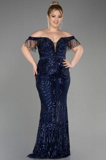 Long Navy Blue Plus Size Engagement Dress ABU3785