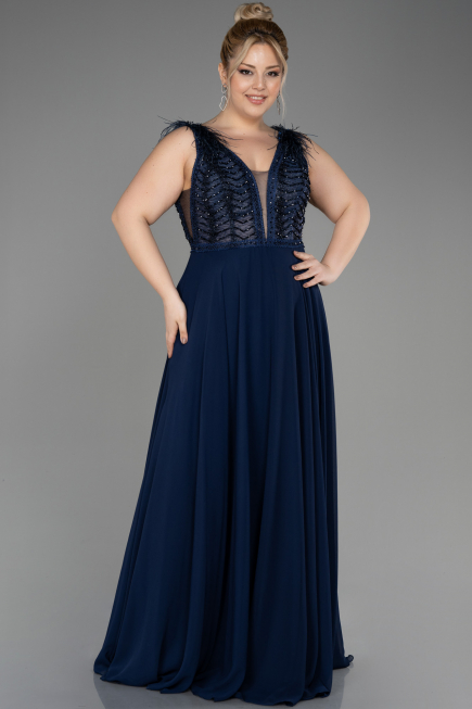 Navy Blue Sleeveless Long Chiffon Evening Dress ABU3856