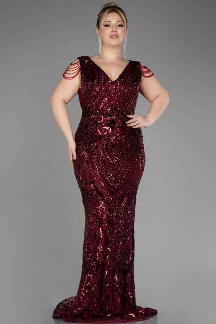 Burgundy Long Scaly Plus Size Evening Dress ABU3845