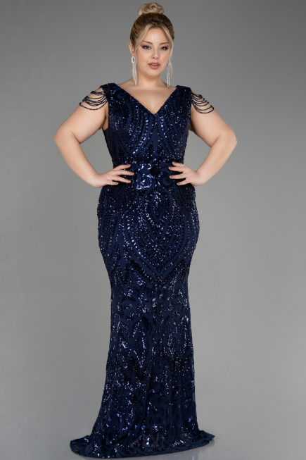 Navy Blue Long Scaly Plus Size Evening Dress ABU3845