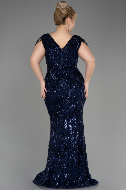 Navy Blue Long Scaly Plus Size Evening Dress ABU3845