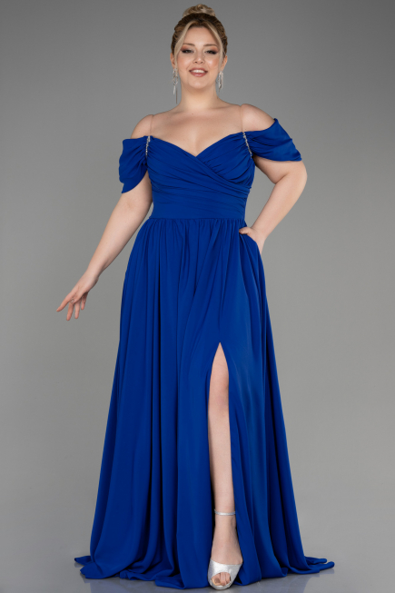 Sax Blue Long Chiffon Plus Size Evening Dress ABU3738
