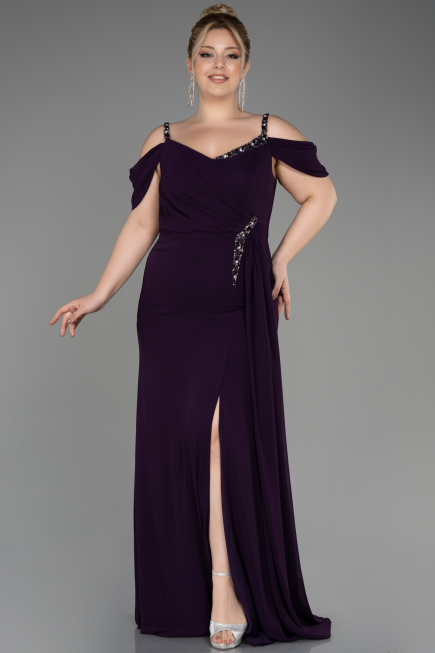 Long Dark Purple Chiffon Plus Size Evening Gown ABU3742