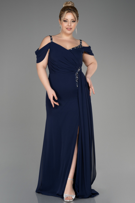 Long Navy Blue Chiffon Plus Size Evening Gown ABU3742