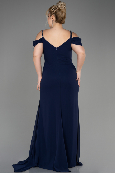 Long Navy Blue Chiffon Plus Size Evening Gown ABU3742