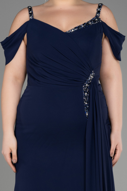 Long Navy Blue Chiffon Plus Size Evening Gown ABU3742