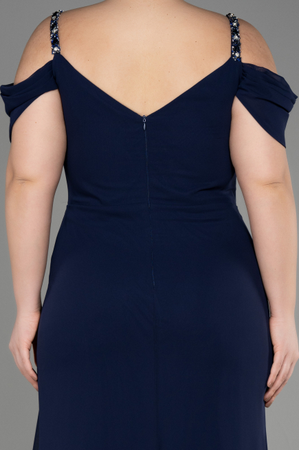 Long Navy Blue Chiffon Plus Size Evening Gown ABU3742