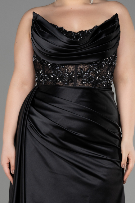 Long Black Satin Plus Size Prom Dress ABU3855