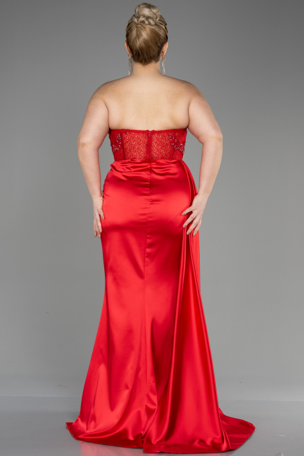 Long Red Satin Plus Size Prom Dress ABU3855